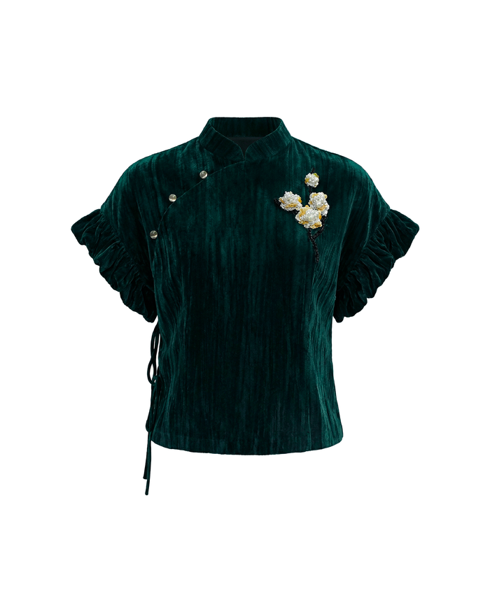 Mandarin Collar Puff-Sleeve Top