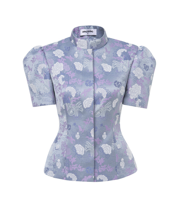 Puff-Sleeve Mandarin Collar Top