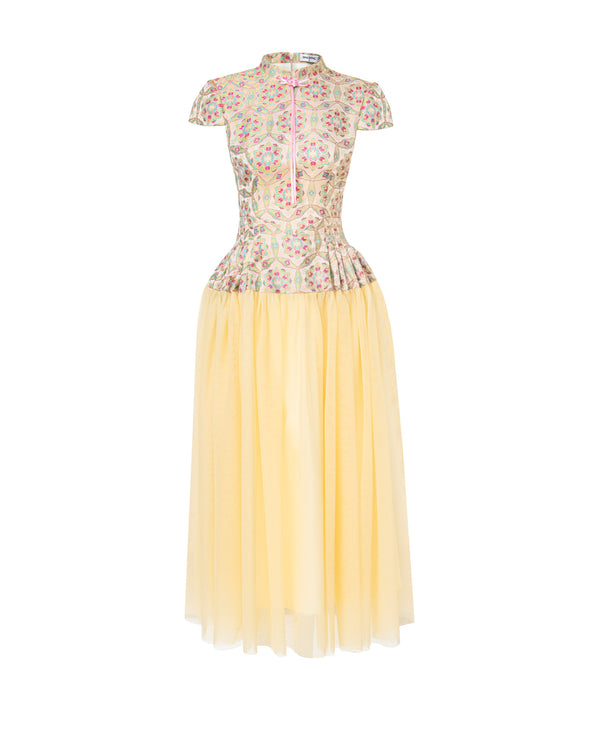 Mandarin Collar Fitted Bodice Lace Gown