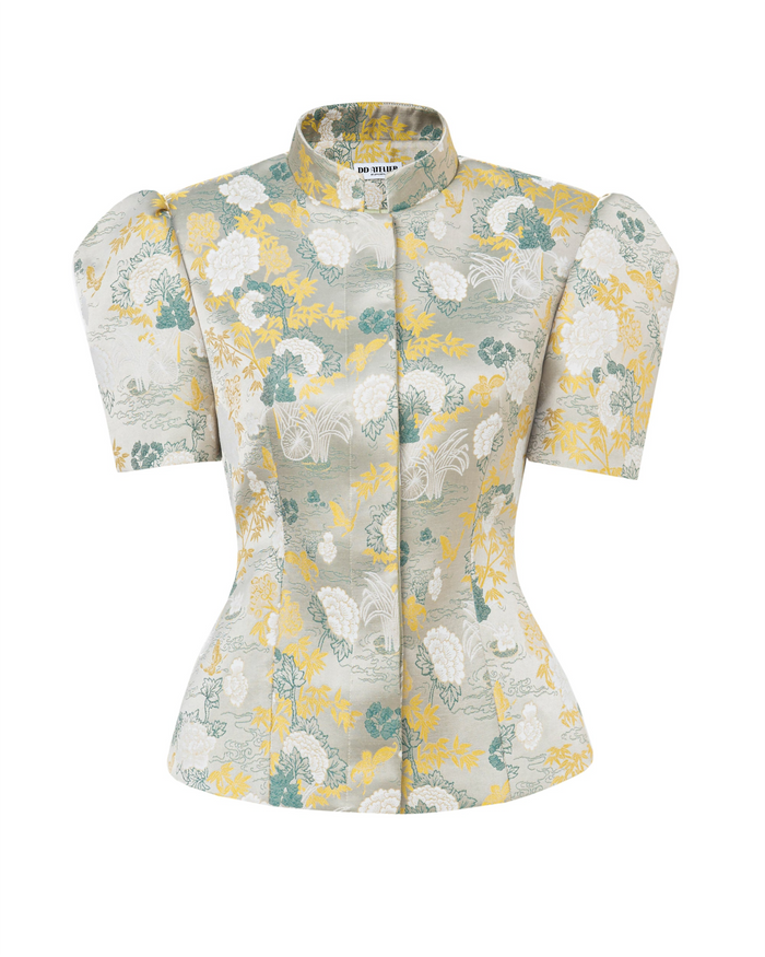 Puff-Sleeve Mandarin Collar Top