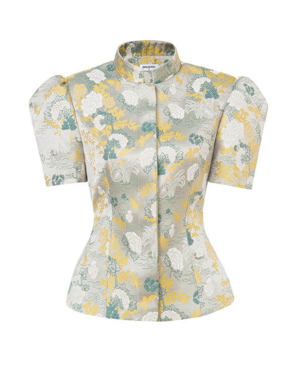 Puff-Sleeve Mandarin Collar Top