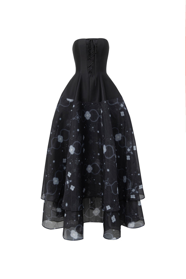 Corset Gown with Sheer Printed Overlay