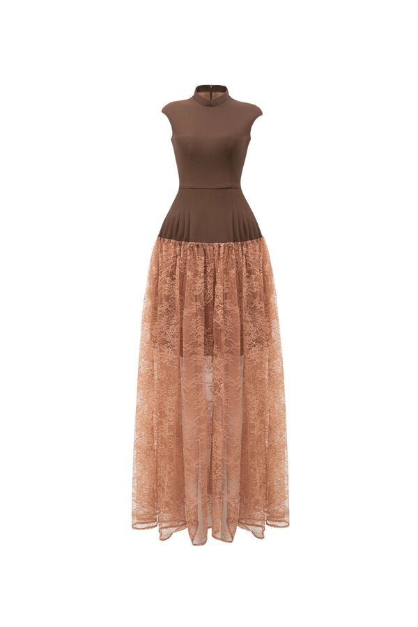 Mandarin Collar Fitted Bodice Lace Gown