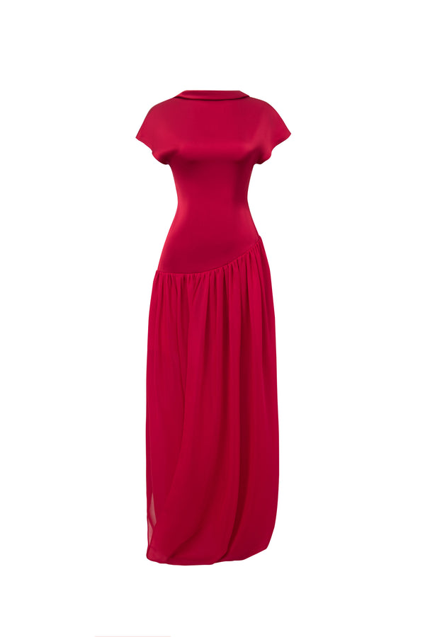 Draped Collar Cap Sleeve Maxi Dress