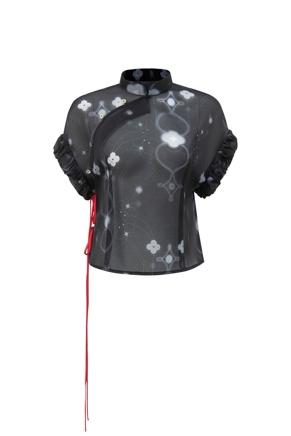 Mandarin Collar Puff-Sleeve Top