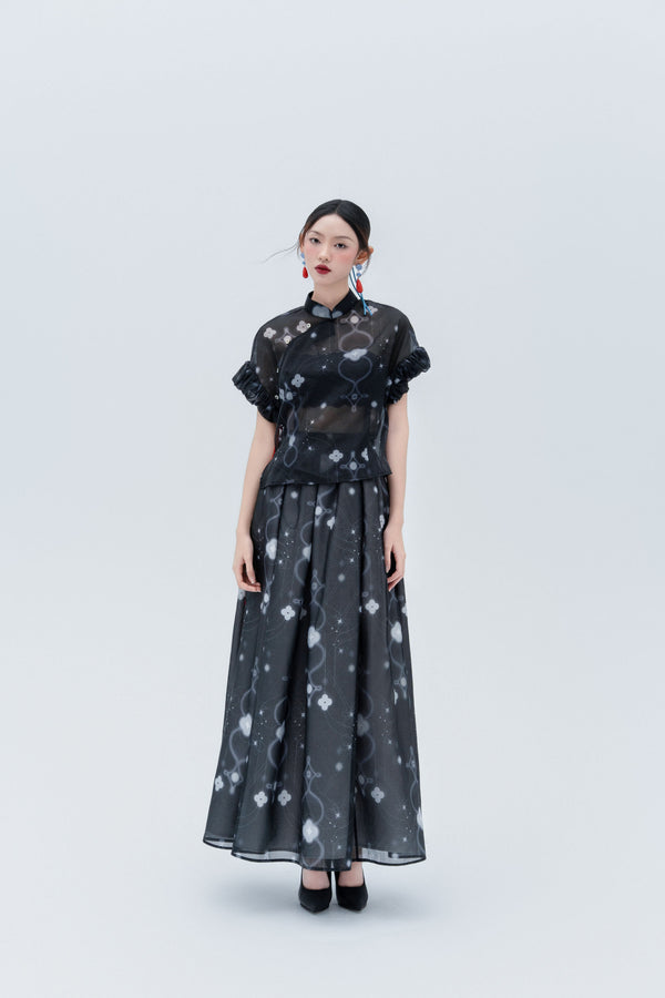 Mandarin Collar Puff-Sleeve Set